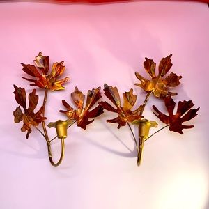 Brass and copper leaves wall hanging candle sconce